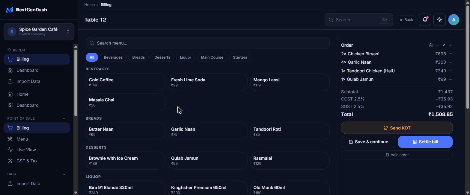 NextGenDash POS billing screen: menu by category, the order with GST, Send KOT and Settle bill