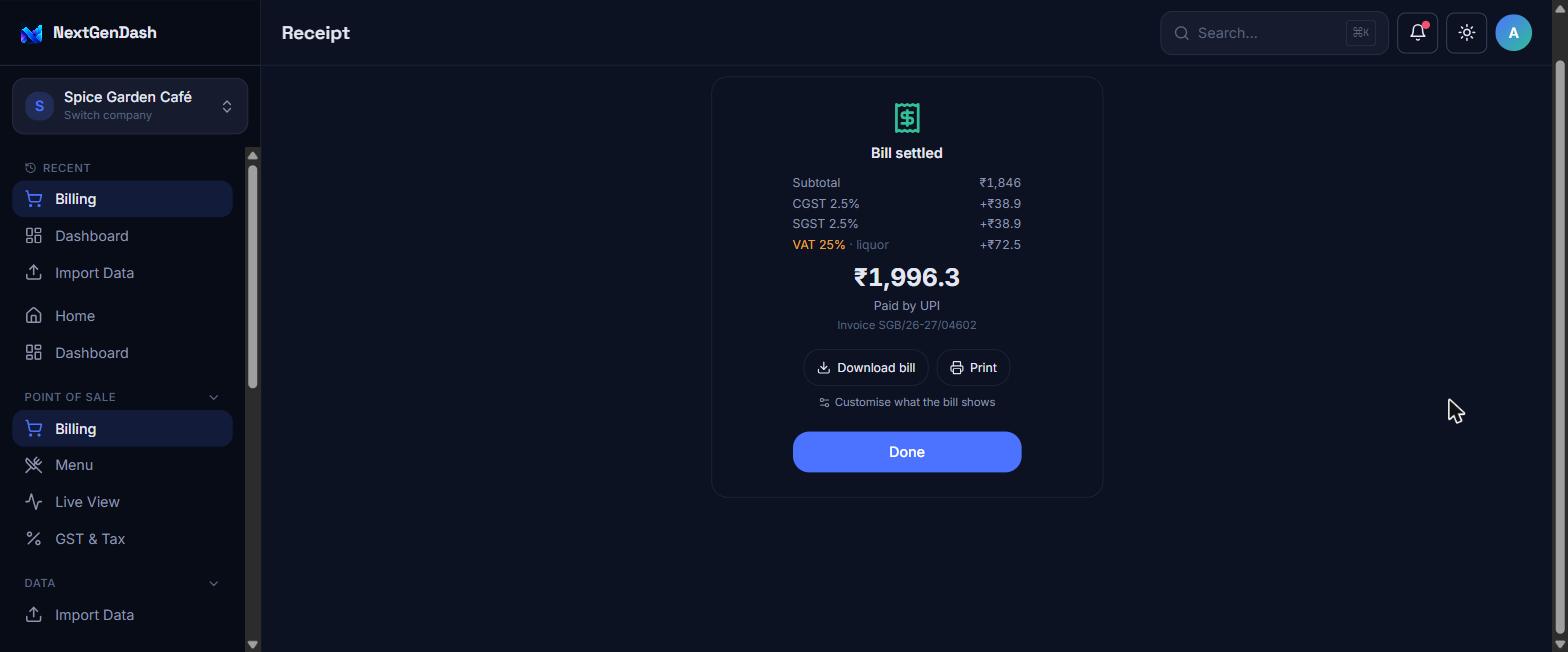 NextGenDash POS receipt: bill settled with subtotal, CGST, SGST, total paid by UPI, invoice number, Download bill and Print